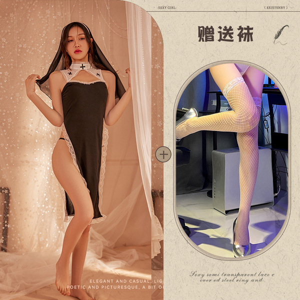 Midnight Temptation Sexy Nun Costume - Lace Bodice Role Play Outfit with Sheer Panels & High Slit - Picture set + white fishnet stockings