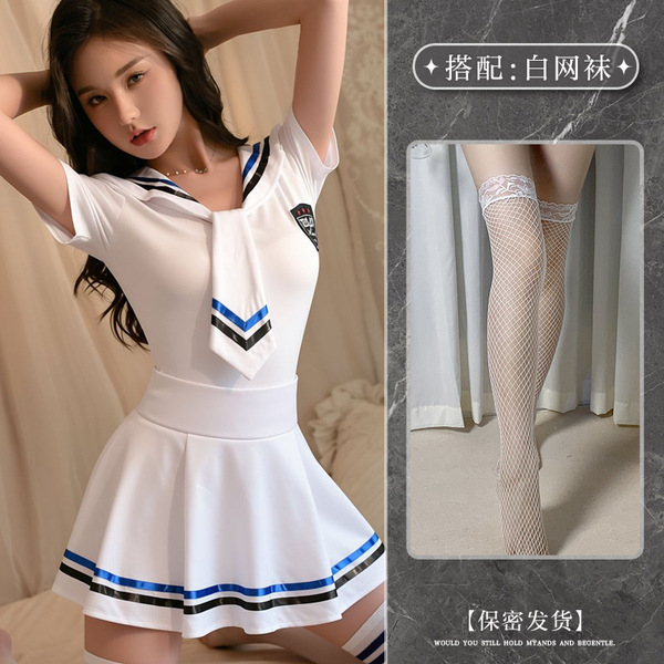 Japanese Sailor Uniform Lingerie Set - Cute Schoolgirl Roleplay Sleepwear Outfit for Women - Image style + white fishnet stockings