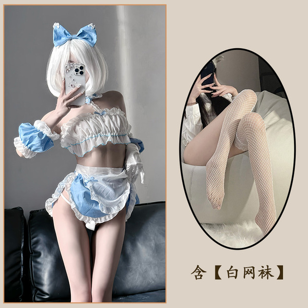Cute Maid Costume Lingerie - Sweet Lolita Pure & Seductive Uniform with Lace Trim, Busty Flirty Outfit for Women - Suit + white fishnet stockings