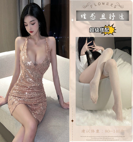 YueDie Sexy Lingerie Set for Women – Deep V Sparkle Nightwear, Shiny Sequin Sleep Dress, Alluring Adult Intimate Apparel - Picture set + white fishnet stockings