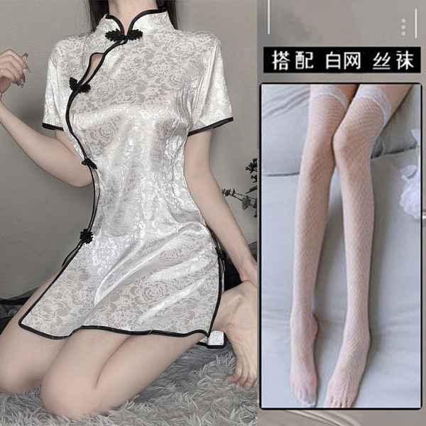 Sexy Qipao Lingerie Set - Seductive Silk Sleepwear & Roleplay Costume for Women - [2006 White] + [White Fishnet Stockings]