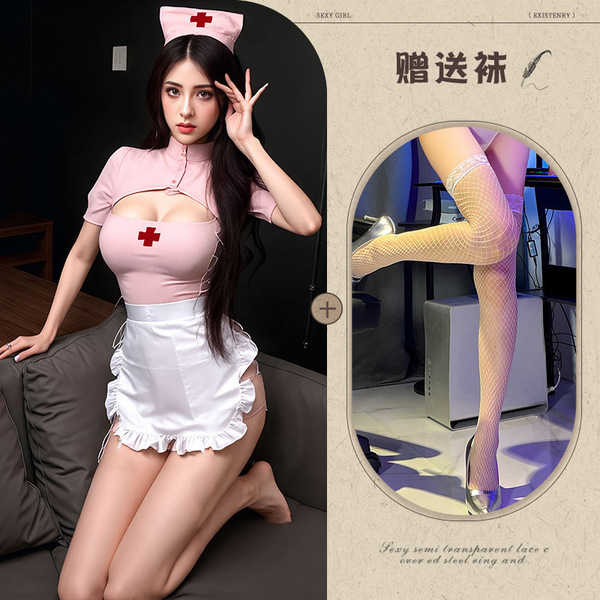 Pure & Sexy Nurse Costume Set – Slit Bodycon Skirt, Role Play Lingerie for Women, Cute Yet Bold Cosplay Outfit - Image color + white fishnet stockings