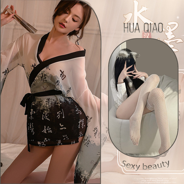 Japanese Kimono Sleepwear Set for Women - Chiffon Robe & Waist-Cinching Butterfly Lingerie, Modest Elegant Nightwear - Image color + white fishnet stockings