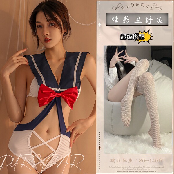 Floral Lace Sexy Bodysuit - Sailor Style Cut-Out Costume for Role Play & Intimate Wear - Image color + white fishnet stockings