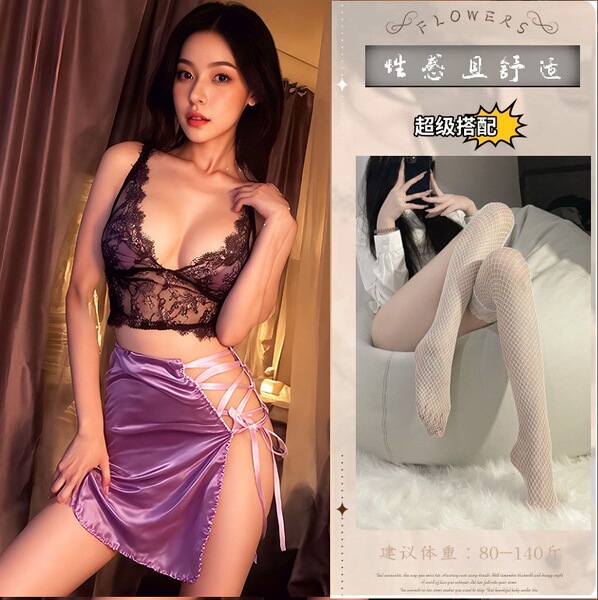 Floral Seductive Lace Cheongsam Set - Deep V Neck Busty Corset Dress with Thong & Garter Belt - Picture set + white fishnet stockings