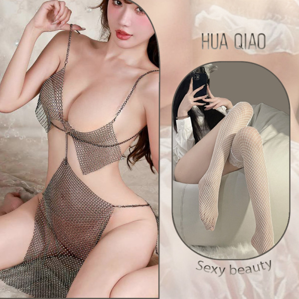 Sexy Role Play Bunny Girl Costume Set - Erotic Chinese-Style Doudou Lingerie Outfit for Couples - Image color + white fishnet stockings
