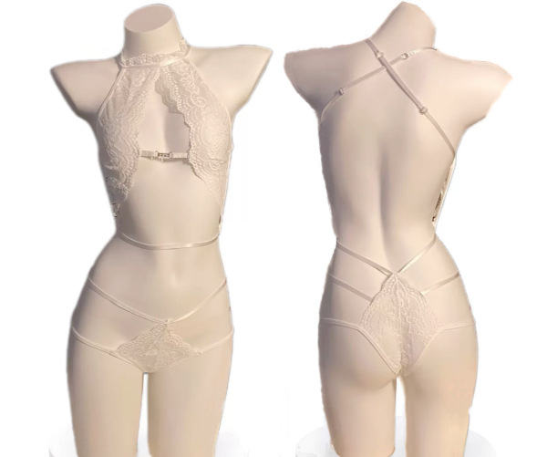 Sexy Nightclub Halter Backless Lace Bodysuit - Cozy Pure-Flirty Lingerie & Sleepwear Set - White (socks not included)