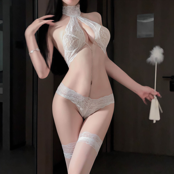 Mannyqing Lace Bodysuit with Detachable Rhinestones - Sexy Strapless Mesh Chemise for Women, One Size - White (socks not included)