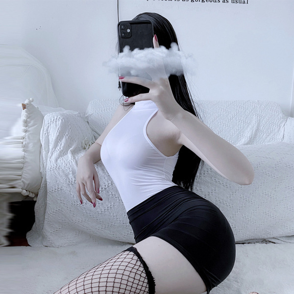 New Sexy Lingerie Set - Office Secretary Costume Bodysuit with Removable Crotch, Seductive Cross-Border Style - White jumpsuit + black skirt