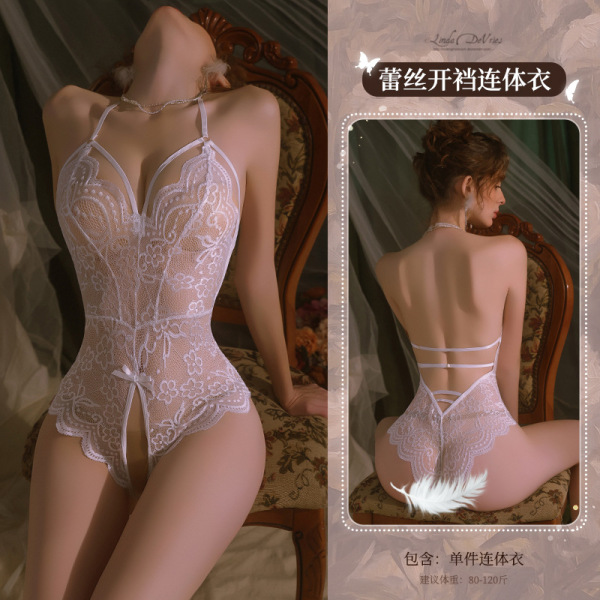 Mannyan Sensual Lace Bodysuit for Women - Sheer Hook-Neck Open-Crotch Sleepwear & Costume Outfit - 6921183358822 White [Single-piece bodysuit]