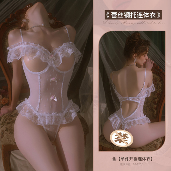 Mannyan Lingerie Set for Women - Sheer Lace Bodysuit with Open-Crotch Design, Underwire Push-Up Sleepwear - 6921183364663 White [Single Open Crotch Bodysuit]