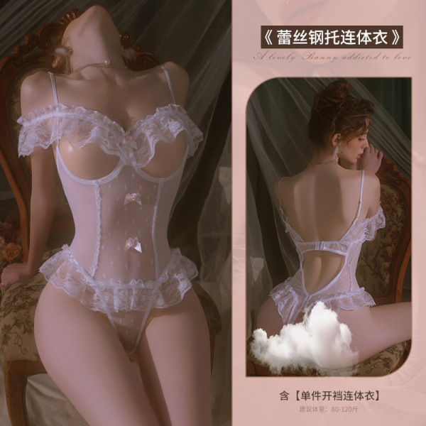 Manyan Lace Open-Crotch Bodysuit - Sheer Sensual Sleepwear Set for Date Night & Intimate Moments - 6921183364663 White [Single Open Crotch Bodysuit]