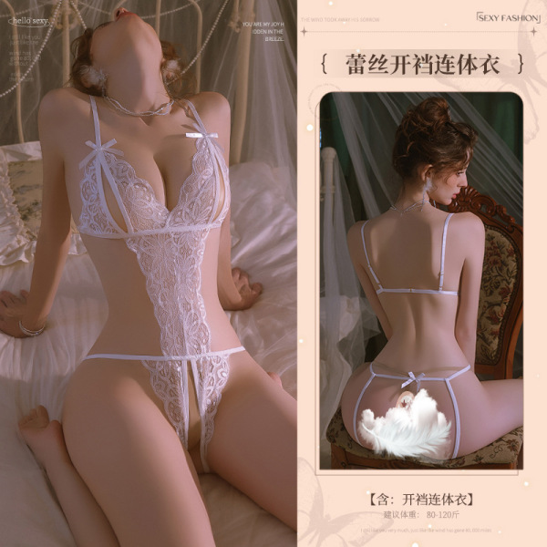 Mannyan Lingerie Set for Women - Sensual Lace Deep V-Neck Open-Crotch Bodysuit with Bow Detail, Sheer Mesh Sleepwear - 6921183324797 White [Single Open Crotch Bodysuit]