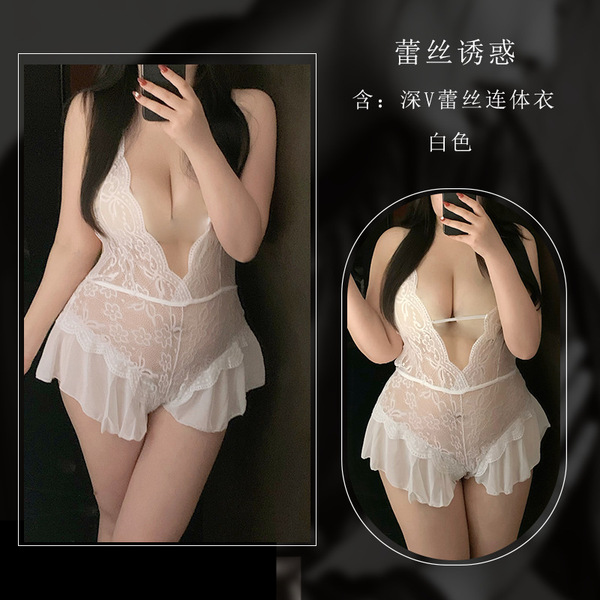 Zuijiao Plus Size Sexy Lace Bodysuit for Women - Purple Pure & Tempting Uniform Style Open-Crotch Sleepwear - white jumpsuit