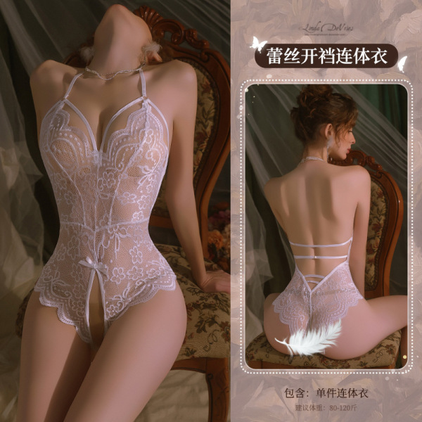 Manyan Pure & Seductive Halter Lace Bodysuit - Sexy Open-Crotch Sleepwear for Date Night & Intimate Moments - 6921183358822 White [Single-piece bodysuit]