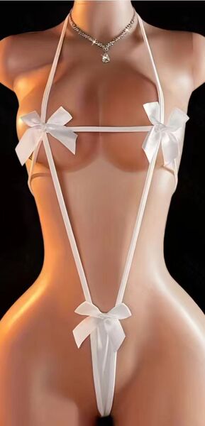 PinXian Sexy Lace Bikini Set with Adjustable Bow Tie – Christmas & New Year Matching Outfit - White (one-piece bodysuit)