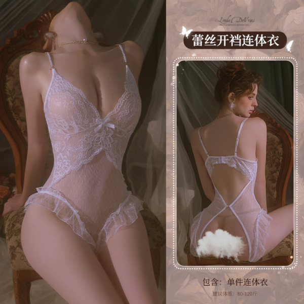 Mannyan Sexy Lingerie Set for Women - Beaded Lace Polka Dot Bodysuit with Open-Crotch Design & Ruffled Trim - White [One-piece jumpsuit]