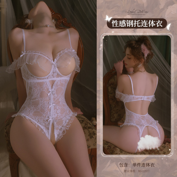 Mannyan Sensual Lace Bodysuit for Women - Sheer Open-Crotch Sleepwear with Underwire Support & Adjustable Straps - 6921183362454 White [Single-piece bodysuit]