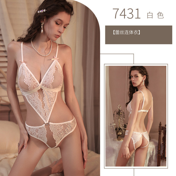 Women's Lace Bodysuit for Small Bust - Seductive Open-Crotch Tight-Fit Romantic Outfit - white jumpsuit