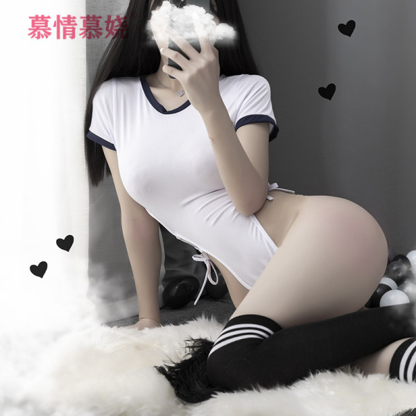 Japanese Sailor Uniform Bodysuit - Sexy Schoolgirl Costume with Adjustable Straps & Removable Details - White jumpsuit + black and white striped socks