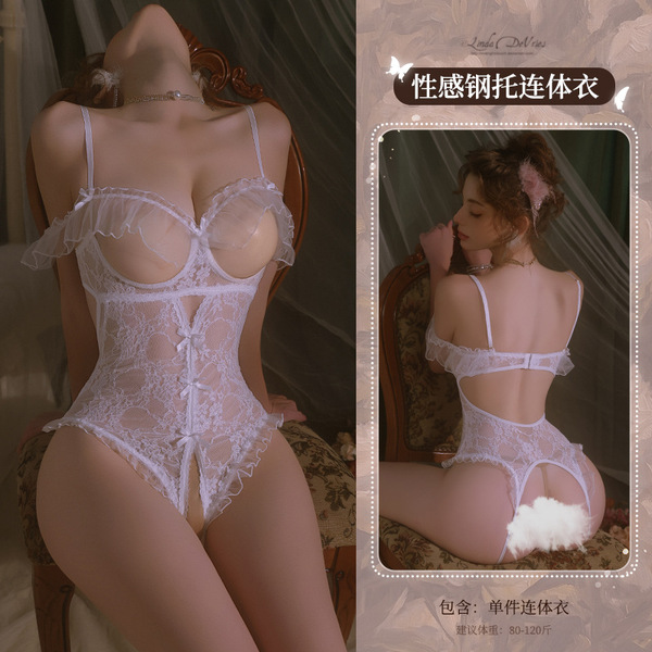 Mannyan Sexy Lace Bodysuit - Sheer Mesh Cut-Out Underwire Open-Crotch One-Piece Lingerie for Women - 6921183362461 White [Single-piece bodysuit]