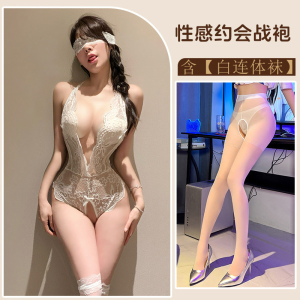 Seductive Lace Lingerie Set - Sexy Sheer Sleepwear with Removable Cups & Garter Stockings for Women - White + white bodysuit
