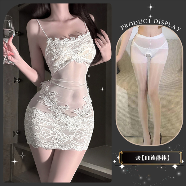 Hidden Water Seductive Lace Bodysuit - Pure & Tempting Maid Costume Sleepwear with Open-Crotch Design for Women - White + white bodysuit