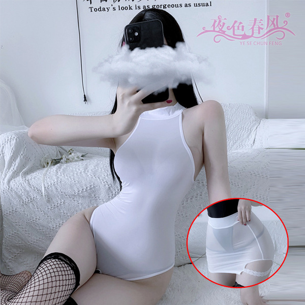 New Sexy Lingerie Set - Office Secretary Costume Bodysuit with Removable Crotch, Seductive Cross-Border Style - White jumpsuit + white skirt