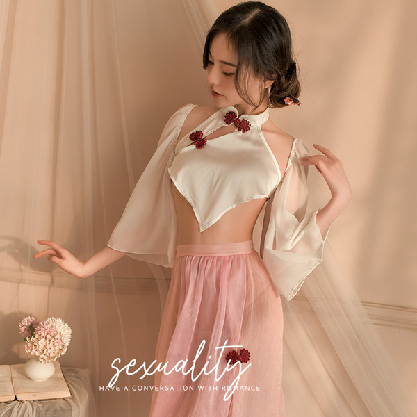 Sensual Hanfu Lingerie Set - Vintage Chinese Silk Sleepwear with Embroidery, Busty Costume Outfit for Adults - 287+ white open-crotch socks