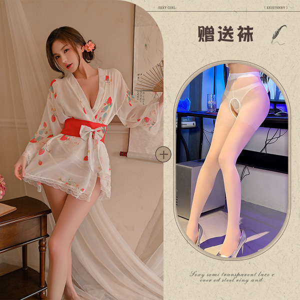 Pure & Playful Strawberry Lingerie Set – Japanese-Inspired Kimono-Style Lace Sleepwear with Bow Detail - Image color + white open crotch socks