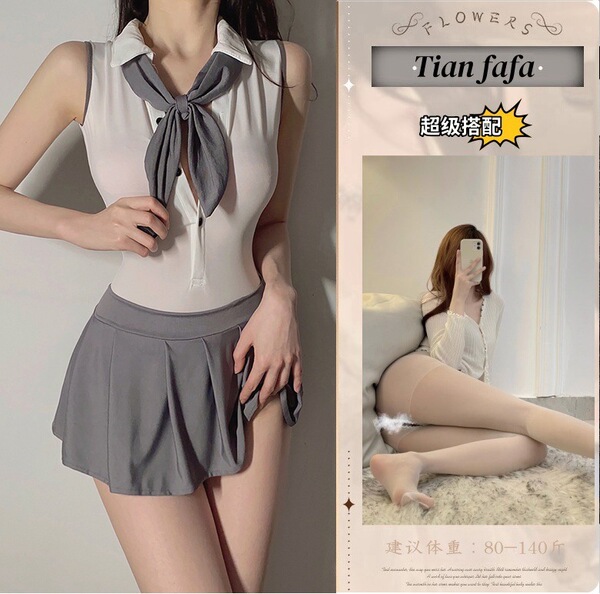 College-Style Backless Lingerie Dress - Seductive JK Uniform Set for Women, Pure & Tempting Outfit - Picture set + white open-crotch socks