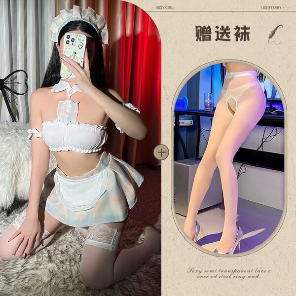 Mohe Seductive Lingerie Set - Sexy Maid Costume & Bedroom Passion Outfit for Women - Picture set + white open-crotch socks