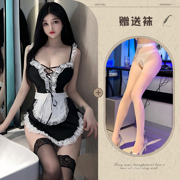Night-Su Seductive Lace Maid Costume - Role Play Erotic Sleep Dress with Ties & Sheer Mesh - Picture set + white open-crotch socks