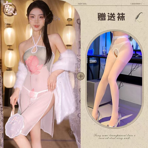 Lianxiang Vintage Lotus Lace Hanfu Sleep Dress - Romantic Sheer Silk-Inspired Lounge & Intimate Wear - Main image set + white open-crotch socks