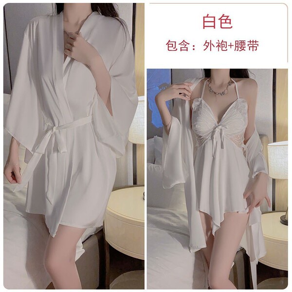 Butterfly Lace Sleeveless Ice Silk Sleep Dress Set – Sheer Back, Bow Detail, Spring Romantic Lingerie - White outer robe