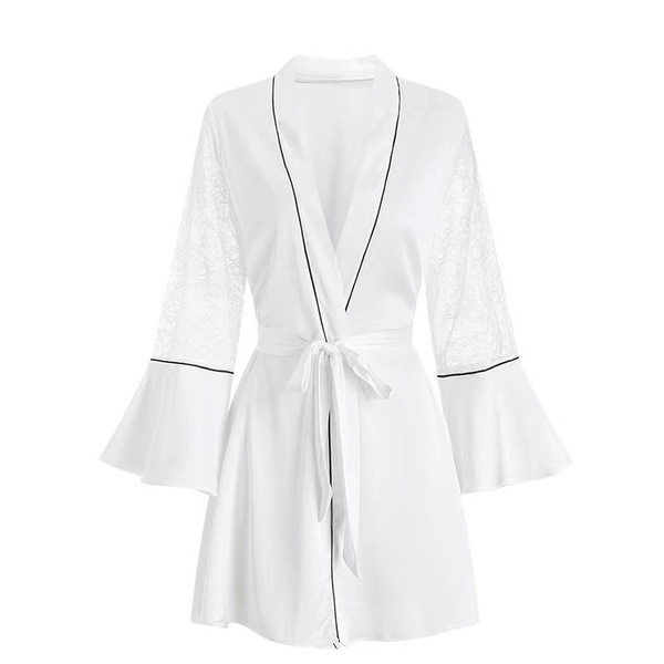 Plus Size Sexy Lace Sleepwear Set - Busty Women's Adjustable Cami Nightgown with Built-in Padded Bra, 200 lb Friendly - White outer robe