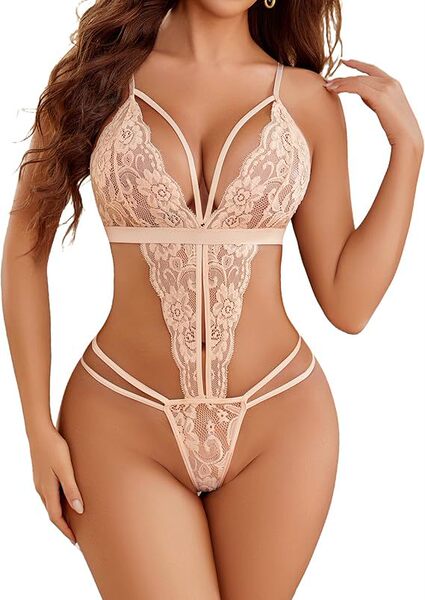 Luxury Lace Bodysuit for Women – Intricate Cut-Out & Tie-Strap Erotic Lingerie, Premium European Style - milky