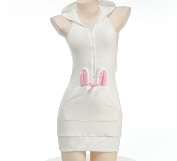 Domeilado Sexy Sheer Lace Bunny Girl Apron Costume - Seductive Role Play Outfit with Underwire Bra - White + Pink