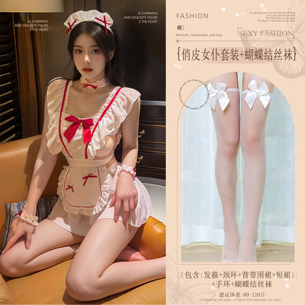 Pure & Playful Maid Costume Set - Sexy Cute Apron Lingerie Outfit for Roleplay & Bedroom Fun - White (playful maid outfit + bow-tie stockings)