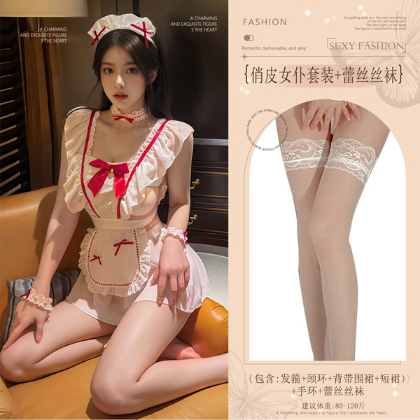 Pure & Playful Maid Costume Set - Sexy Cute Apron Lingerie Outfit for Roleplay & Bedroom Fun - White (playful maid outfit + lace stockings)
