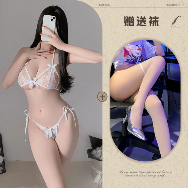 Qing Ran Sexy Lace Bra and Panty Set - Transparent Temptation Sleepwear for Women, Wholesale Available - White + white boxer stockings