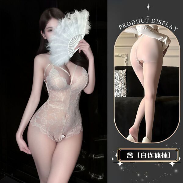QQNY Pure Allure Lace Sleepwear Set – Elegant Sensual Women's Intimate Nightwear, Premium Soft Fabric - White and white open-crotch socks