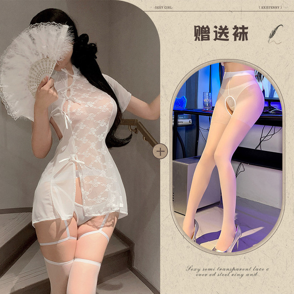 Qingran New Chinese Style Cheongsam Dress - Lace Asymmetrical Wrap Vintage Sheer Sleep Gown with Side Slit - White and white open-crotch socks