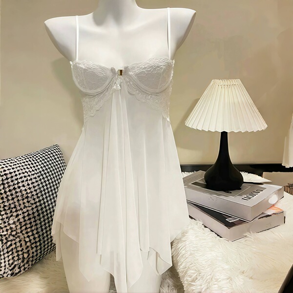 Women's Sexy Lace See-Through Lingerie Set - Seductive No-Remove Bra & Panty Sleepwear Outfit S107 - White and white open-crotch socks