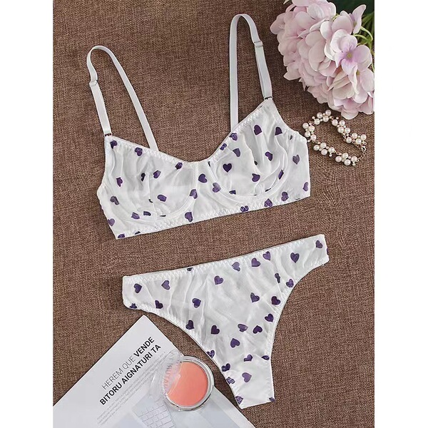 Lace Heart Embroidery Sheer Mesh Lingerie Set - White Sexy Motorcycle-Inspired Outfit for Women - White-purple