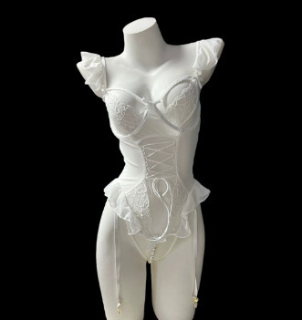 Small-Bust Sexy Bodysuit for Intimacy - No-Remove Insertable Lingerie, Pure-Yet-Sensual Women's Tight-Fit Bodysuit - White stockings with white bow
