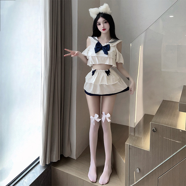 Suoqing Sexy Student Cosplay Outfit - JK Skirt Set, Provocative Uniform Costume with Pleated Mini Skirt & Swimsuit Top - Image color + white headdress + white stockings with bow