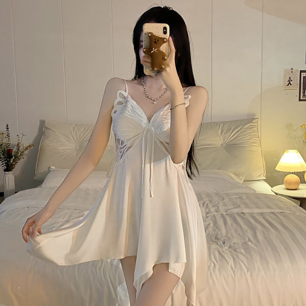 Women's Summer Ice Silk Sleep Dress with Bow & Backless Cutout - Sexy Lounge Set - white bathrobe