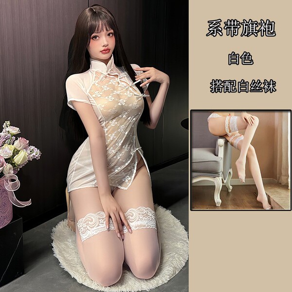Chinese-Style Split-Back Sheer Cheongsam Sleep Dress with Open Crotch & Busty Cutout – Sultry Lingerie Nightgown - White + matching socks