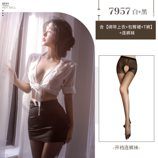 Sexy Sheer Secretary Costume Set - Tempting Office Uniform with Pencil Skirt & No-Remove Design - White + matching open-crotch socks